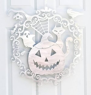 Halloween Pumpkin Ghost Spider Cat Bat and Raven plasma Cut Metal Wall Plaque or Door Wreath Made to Order in Raw Steel