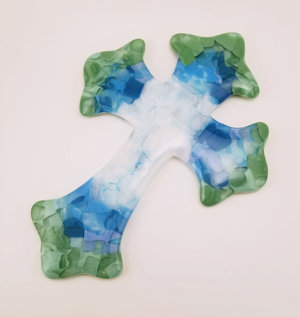 Fused Glass Hand Cut Large Cross Crucifix in Blue, Green and White