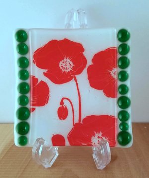 Red Poppy on White Fused Glass Spoon Rest, Ring Holder, or Coin Dish.