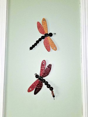 Clay Doily Pattern Dragonfly in Smoky Merlot and Watermelon with Metal Beads Wall or Garden Art