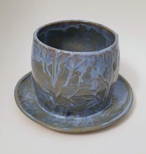Birds in Tree Embossed Stoneware Planter with Drainage Holes in Shades of Blue