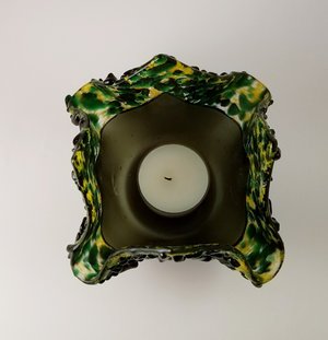 Fused Glass Fall Halloween Thanksgiving Black Green and Orange Square Candle Holder