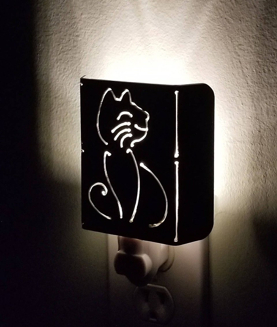 Whimsical Happy Cat Plasma Cut Metal Night Light in Raw Steel