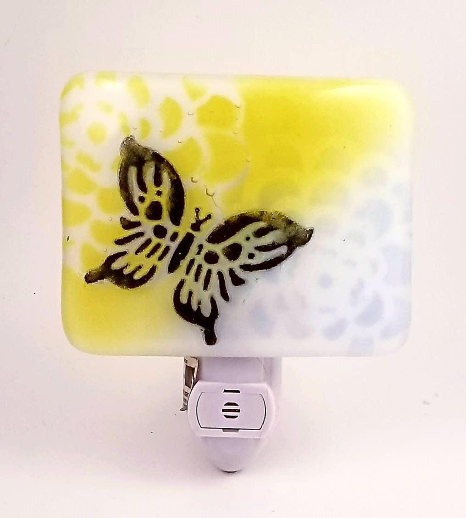 Fused Glass Yellow and Light Blue Zinnia Flower with Black Butterfly Silhouette LED Dusk to Dawn Nightlight Made to Order