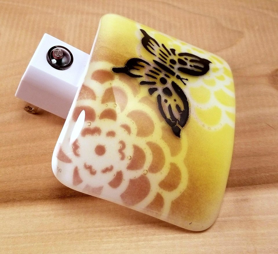 Fused Glass Yellow and Deep Purple Zinnia Flower with Black Butterfly Silhouette LED Dusk to Dawn Nightlight Made to Order
