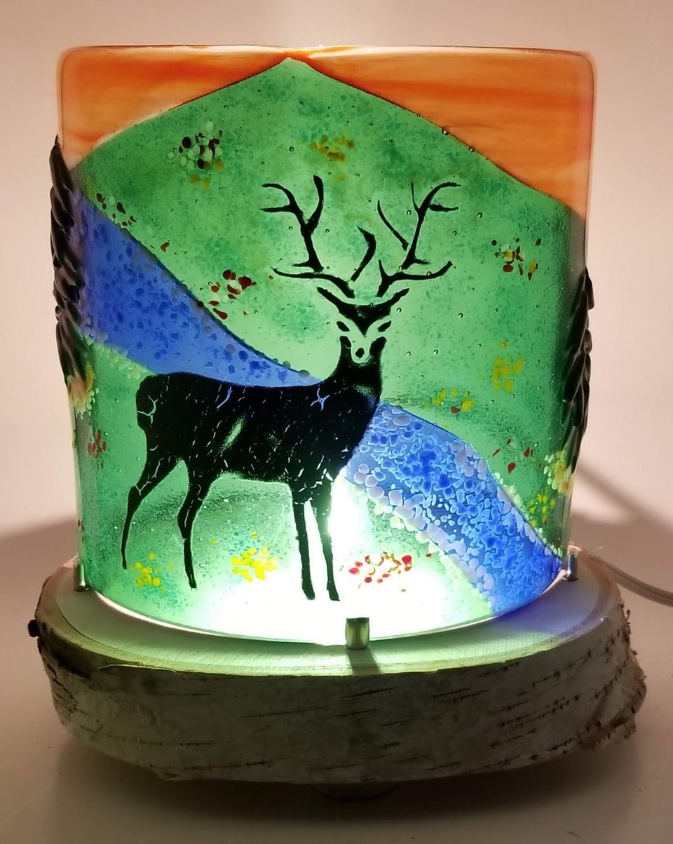 Fused Glass Deer by Stream at Dusk Desktop Nightlight