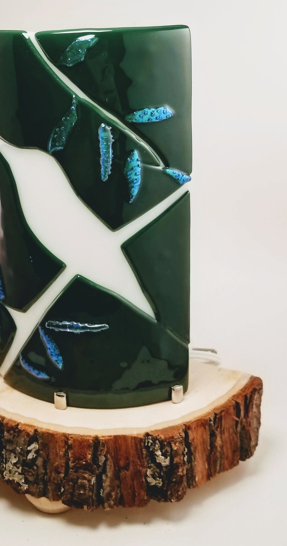 Fused Glass Dark Green with White Bird on Branch and Dichroic Leaves Desktop Nightlight