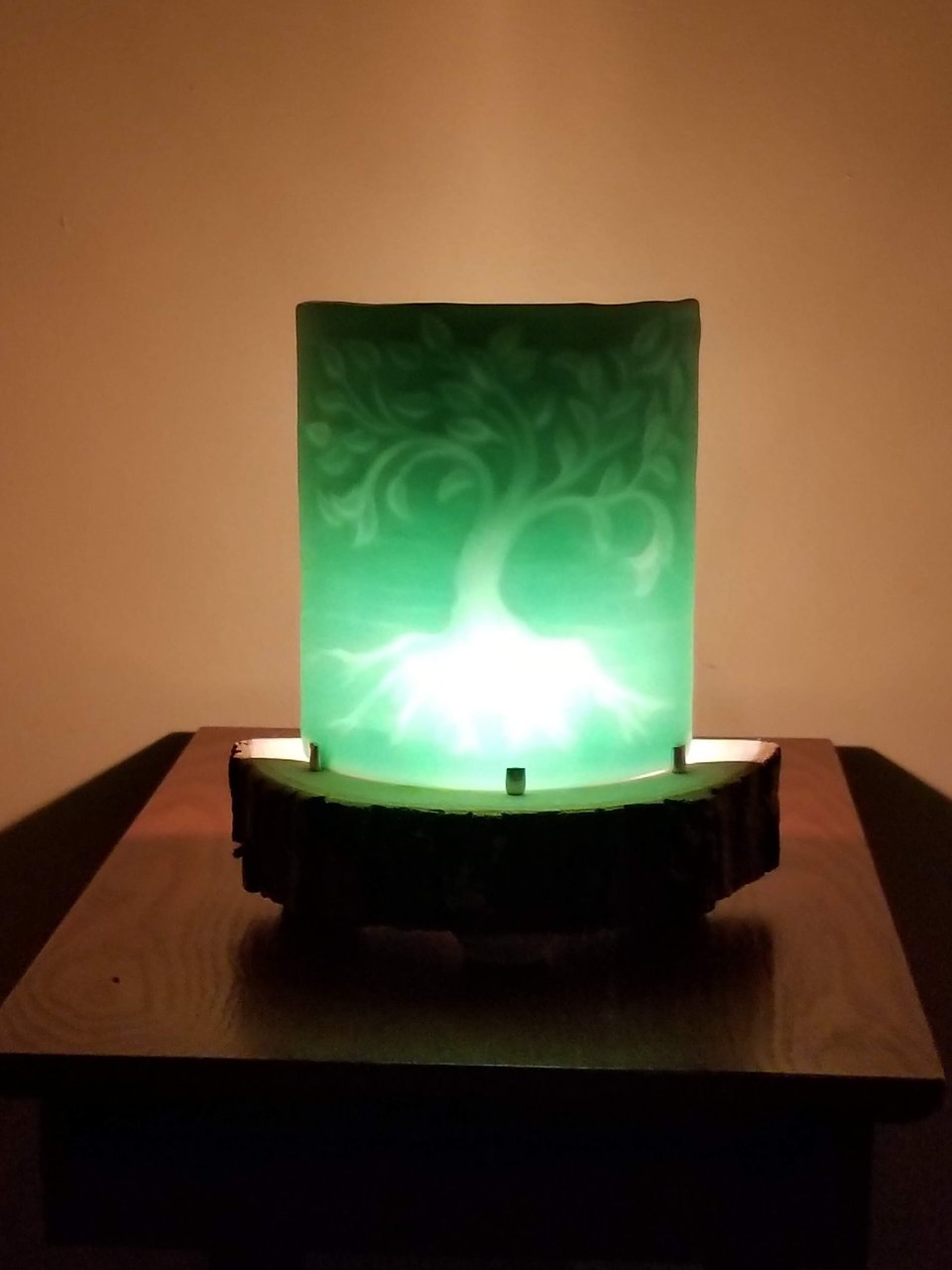 Fused Glass Green and White Tree of Life Desktop Nightlight on Natural Wood Base