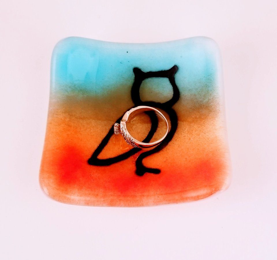 Owl Line Drawing on Rainbow Fused Glass Ring Dish or Spoon Rest