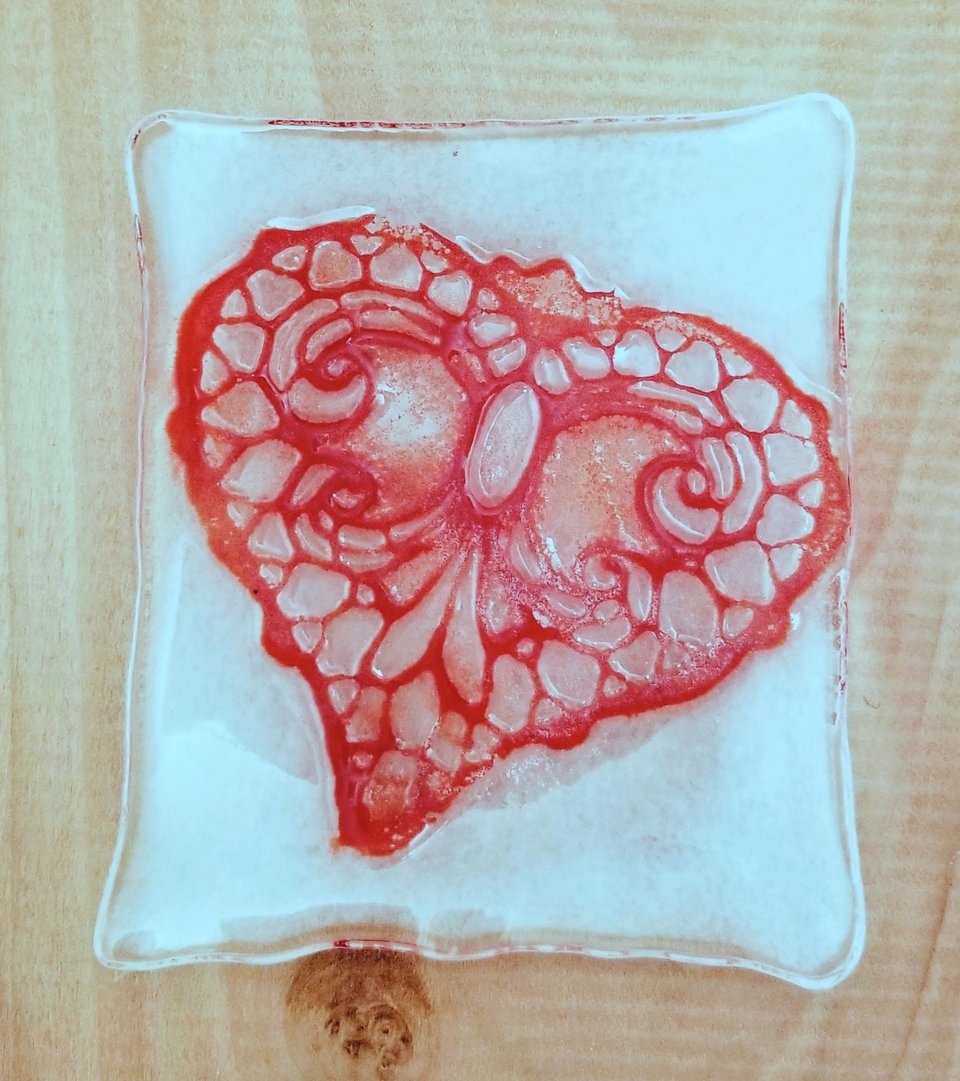 Fused Glass Red Lace Heart on White Dish, Ring Holder, Trinket Dish