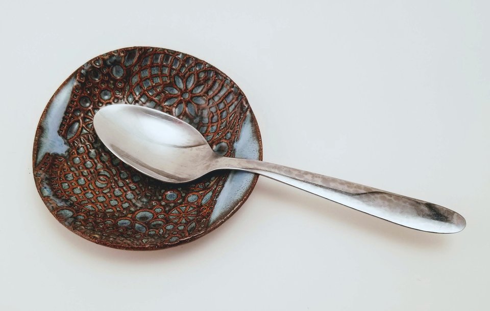 Stoneware Round Pottery Scalloped or Lace Pattern, Ring Holder, Spoon Rest, Candle Holder, or Trinket Dish