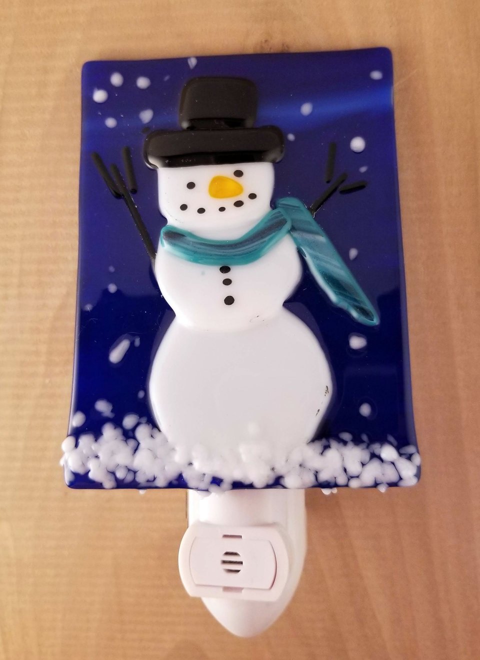 Fused Glass Snowman with Teal Scarf LED Dusk to Dawn Nightlight