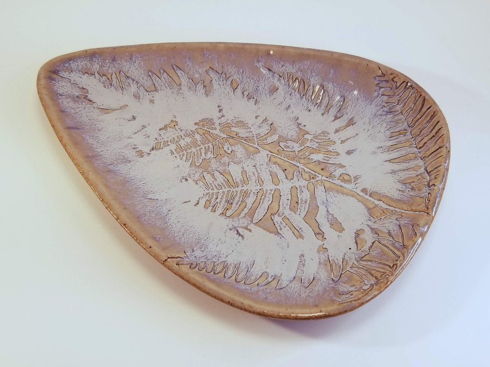 Fern Leaf Stamped Stoneware Serving Dish, Spoon Rest, or Candle Holder in Ivory
