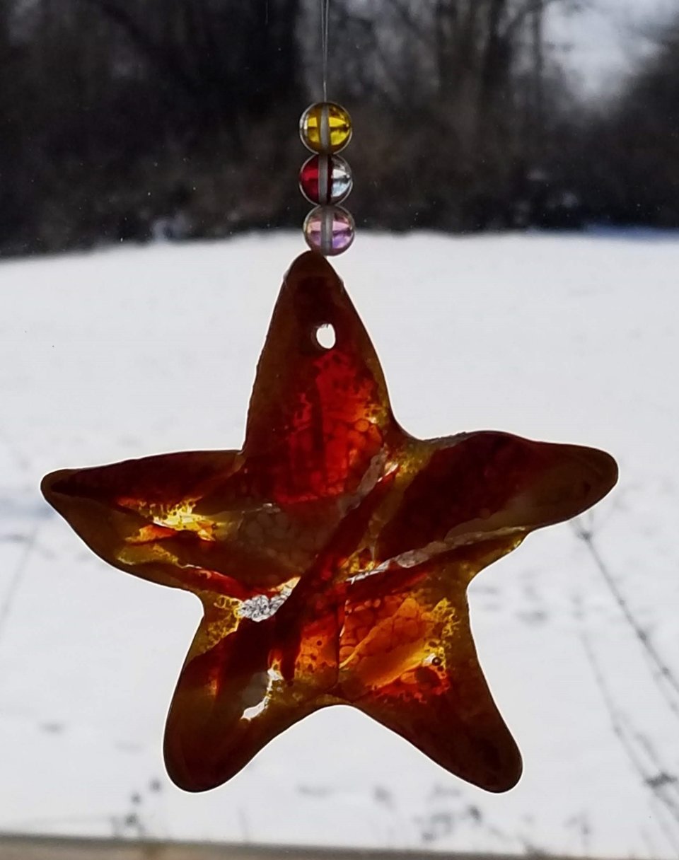 Fused Glass Red, Orange, Yellow and White Starfish Suncatcher