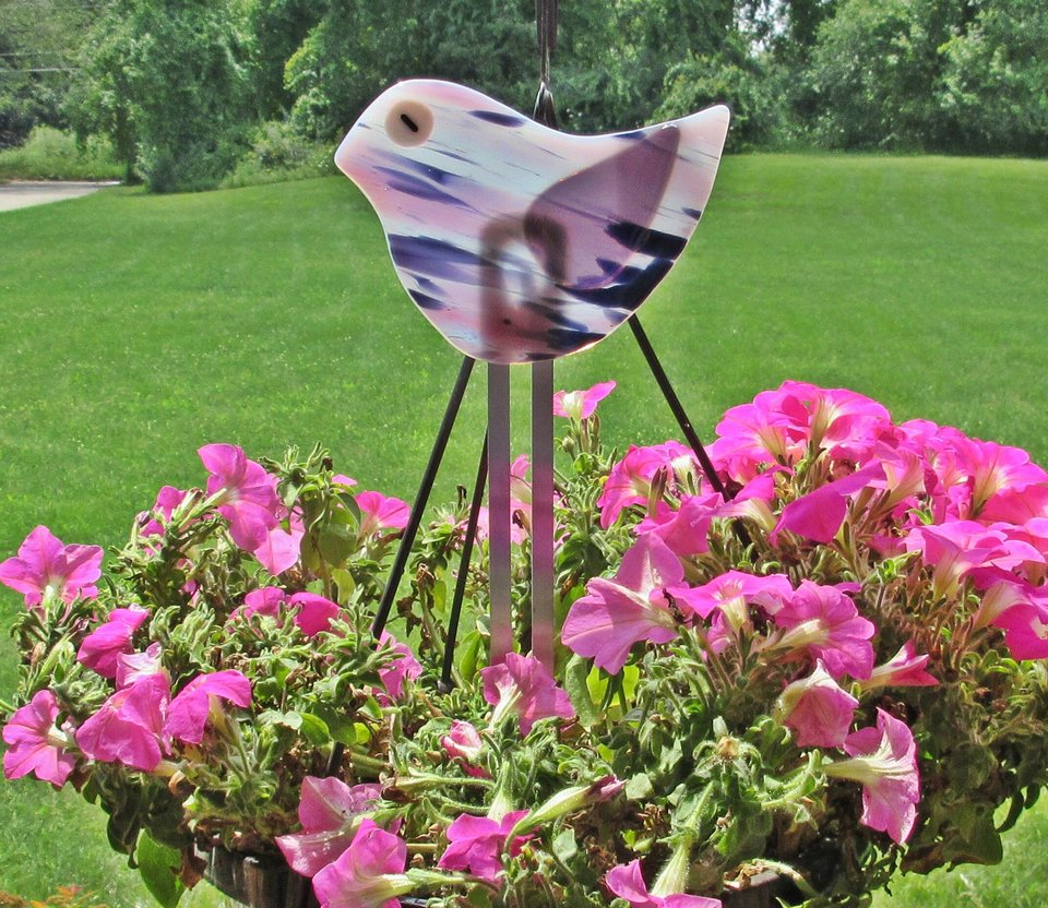 Fused Glass Pink, Purple and White Bird Garden or Planter Stake