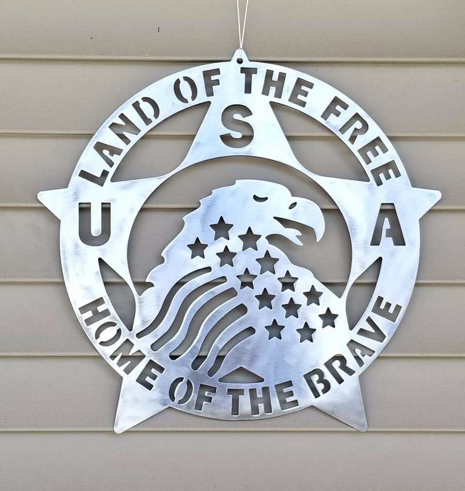 Home of the Free Eagle and American Flag Plasma Cut Metal Sign