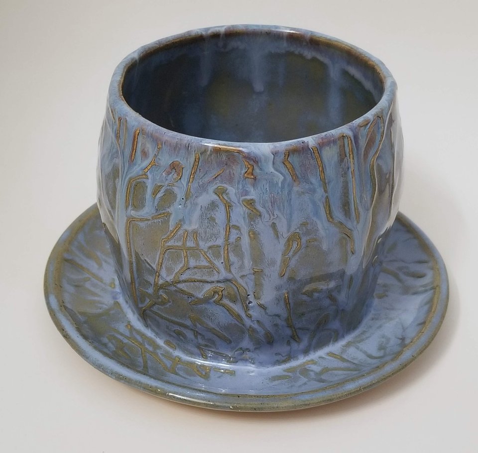 Birds in Tree Embossed Stoneware Planter with Drainage Holes in Shades of Blue