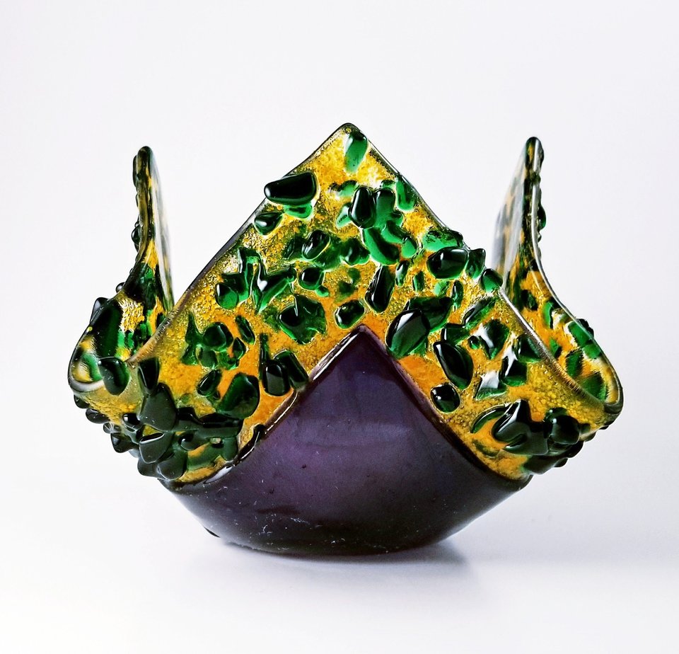 Fused Glass Fall Halloween Thanksgiving Purple Green and Orange Square Candle Holder