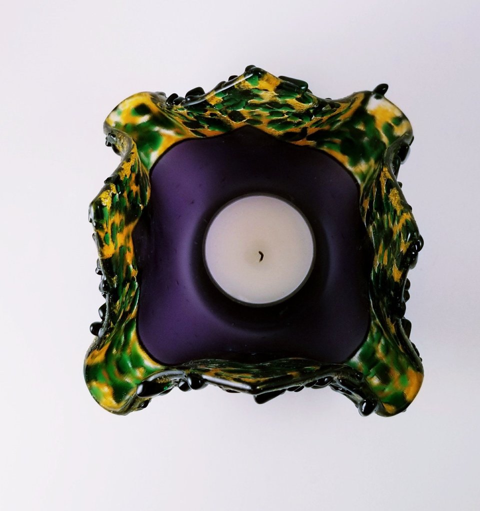 Fused Glass Fall Halloween Thanksgiving Purple Green and Orange Square Candle Holder
