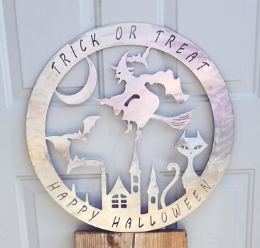 Plasma Cut Flying Witch Trick or Treat Happy Halloween Cat and Bats Wall Plaque or Door Wreath Made to Order in Raw Steel