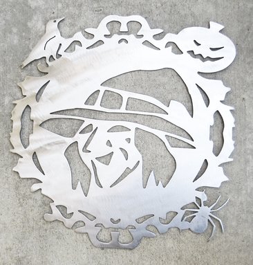 Plasma Cut Metal Wall Art Friendly Laughing Witch Halloween Decor Door Wreath Made to Order in Raw Steel