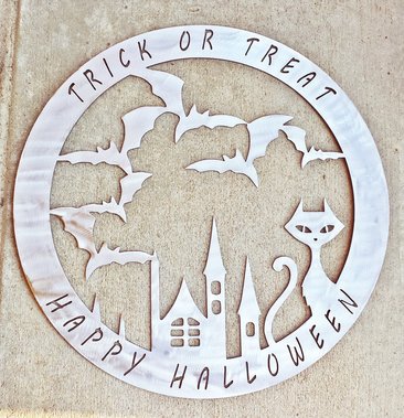 Plasma Cut Trick or Treat Happy Halloween Cat and Bats Wall Plaque Made to Order in Raw Steel