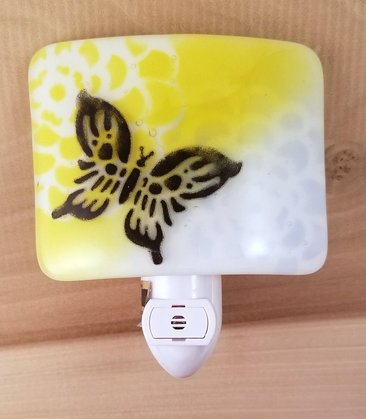 Fused Glass Yellow and Light Blue Zinnia Flower with Black Butterfly Silhouette LED Dusk to Dawn Nightlight Made to Order