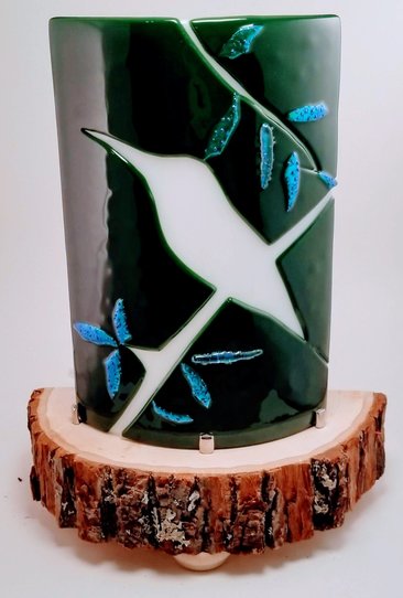 Fused Glass Dark Green with White Bird on Branch and Dichroic Leaves Desktop Nightlight