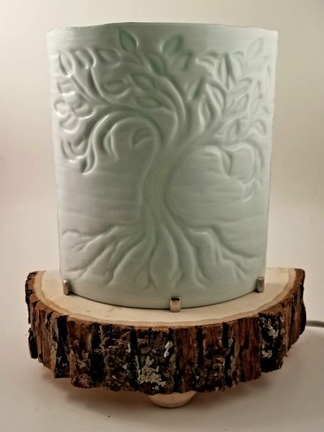Fused Glass Green and White Tree of Life Desktop Nightlight on Natural Wood Base
