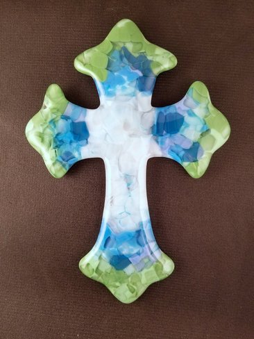Fused Glass Hand Cut Large Cross Crucifix in Blue, Green and White