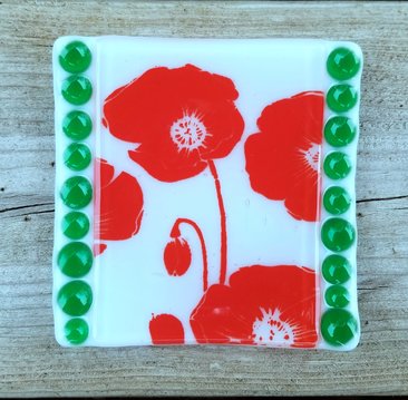 Red Poppy on White Fused Glass Spoon Rest, Ring Holder, or Coin Dish.