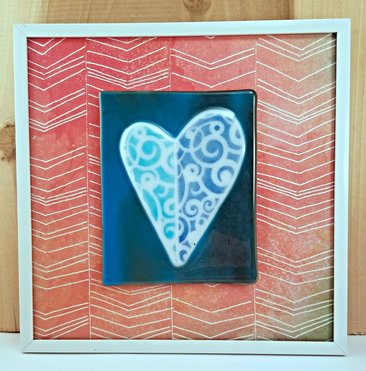 Framed Multi Color Fused Glass Heart Tile in White Frame