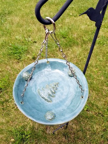 Hand-Built Rustic Evergreen Tree and Pine Cone Stoneware Bird Bath in Sage and Blues