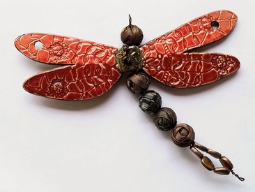 Clay Doily Pattern Dragonfly in Smoky Merlot and Watermelon with Metal Beads Wall or Garden Art