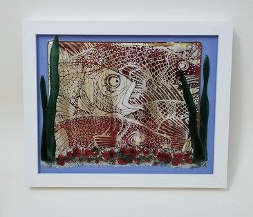Screen Printed Fish Party Glass Tile in White Frame