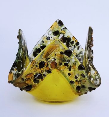 Fused Glass Yellow and Brown Square Candle Holder