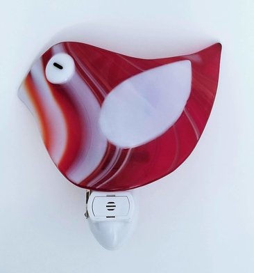 Fused Glass Strawberry Red and White Bird LED Dusk to Dawn Nightlight